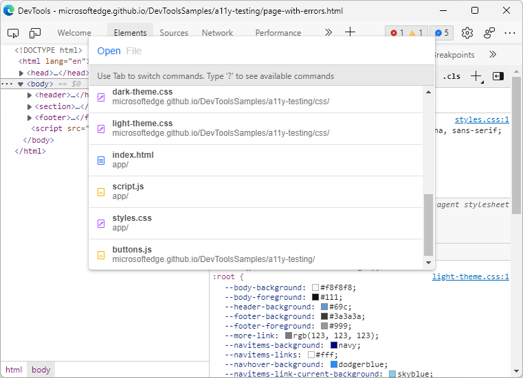 Befehlsmenü mit fett formatierten Dateinamen mit einem Symbol, das den Dateityp angibt