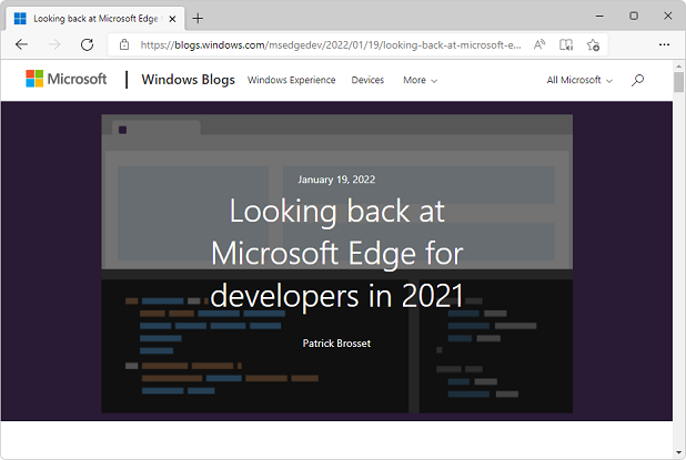 Screenshot des Blogbeitrags: Rückblick auf Microsoft Edge für Entwickler in 2021