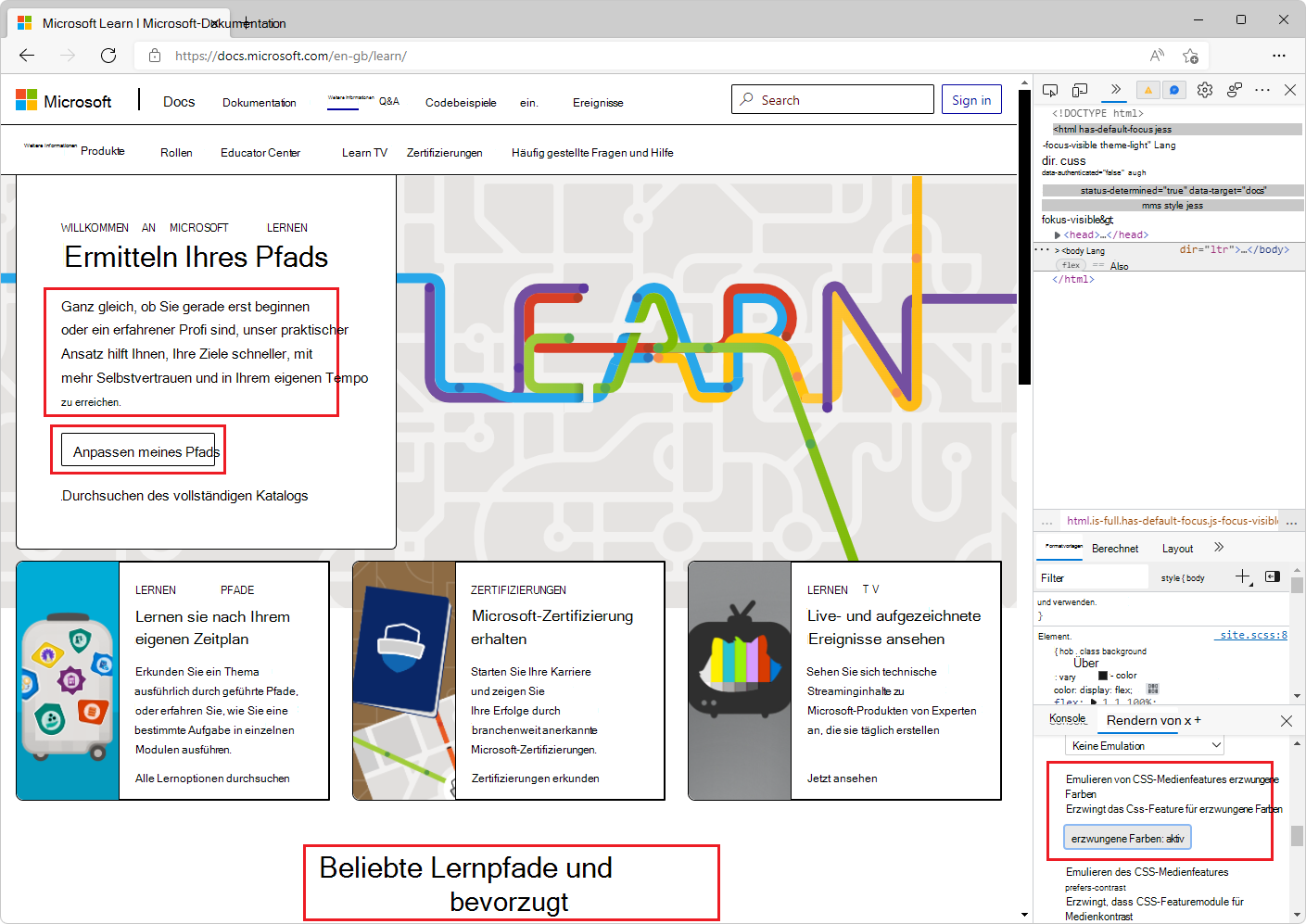 Eine Webseite mit erzwungener Farbemulation, die im Renderingtool aktiviert ist. In schwarzen Text auf weißem Hintergrund geänderter Text