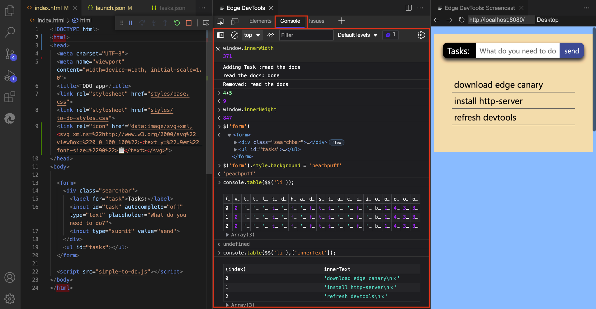 Das Konsolentool in der symbolleiste Standard der Microsoft Edge DevTools-Erweiterung für Visual Studio Code