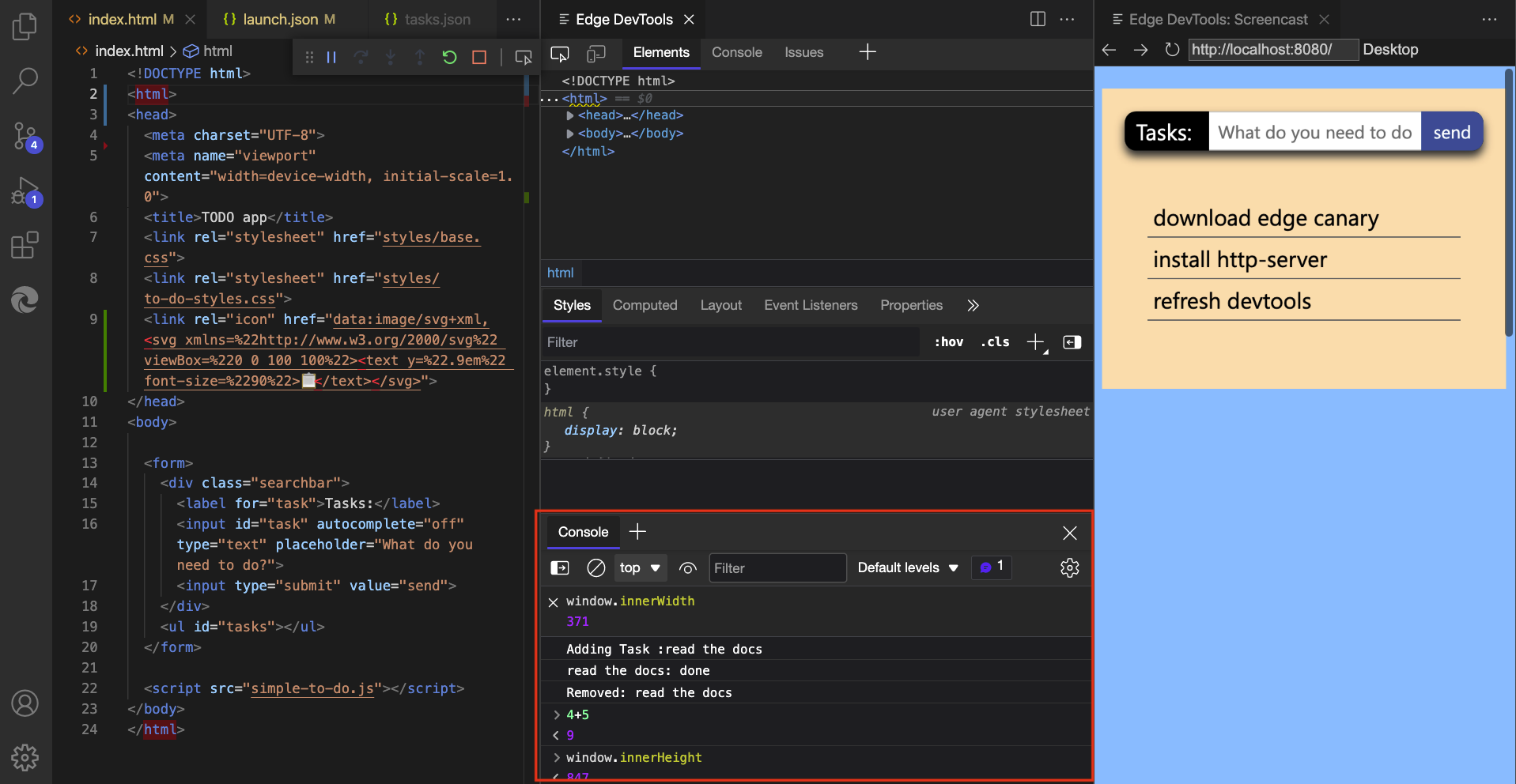 Das Konsolentool im Drawer der Microsoft Edge DevTools-Erweiterung für Visual Studio Code