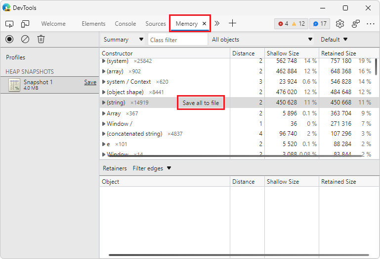 Speichern aller Zeichenfolgen aus einem Heap Momentaufnahme in JSON