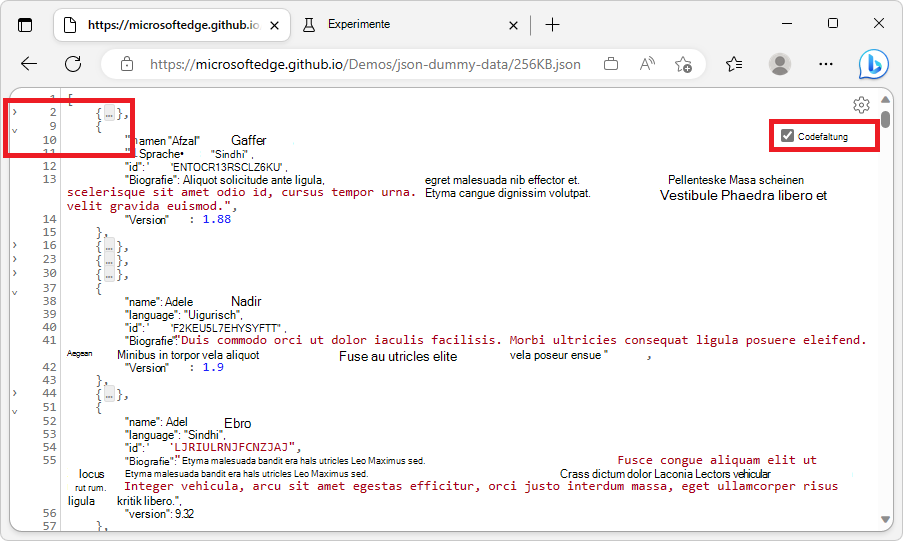 Codefaltung im JSON-Viewer von Microsoft Edge