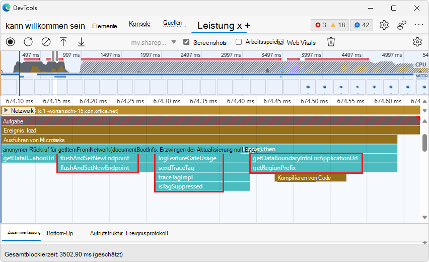 Die nicht minimierte Aufrufliste aus einem Profil, das im Leistungstool aufgezeichnet wurde