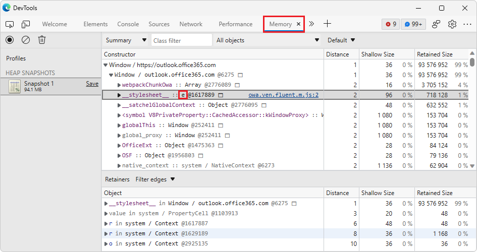 Eine Heap-Momentaufnahme im Speichertool zeigt minimierte Objektnamen an.