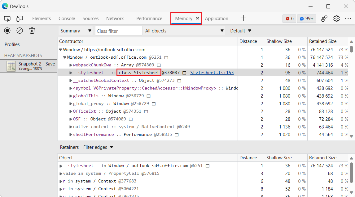 Ein Heap-Momentaufnahme im Speichertool zeigt nicht minimierte Objektnamen an.