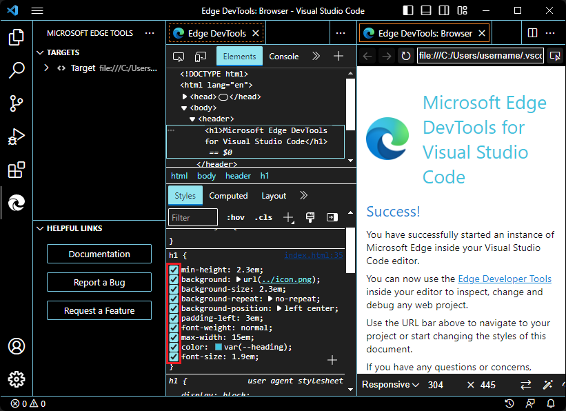 Zeigen auf Kontrollkästchen im Bereich Formatvorlagen im Modus mit hohem Kontrast in der VS Code-Erweiterung