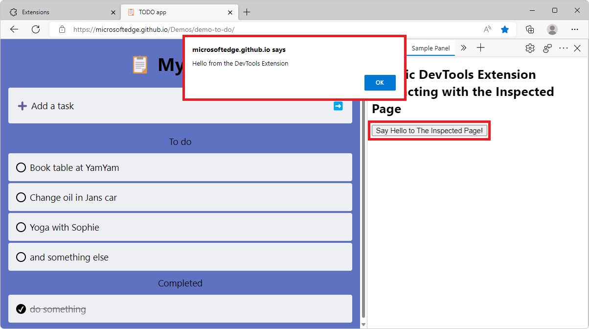 Microsoft Edge mit dem neuen Erweiterungsbereich in DevTools auf der Seite und einem Warnungsdialogfeld