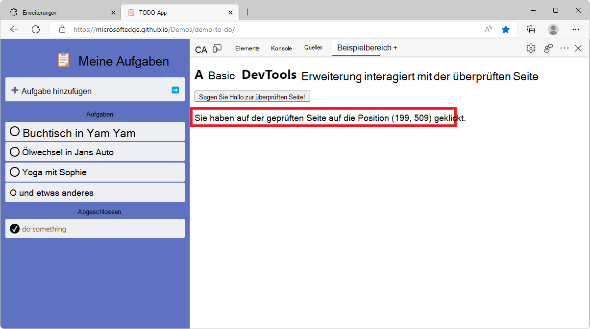 Der Beispielbereich in DevTools mit der Meldung der angeklickten Position