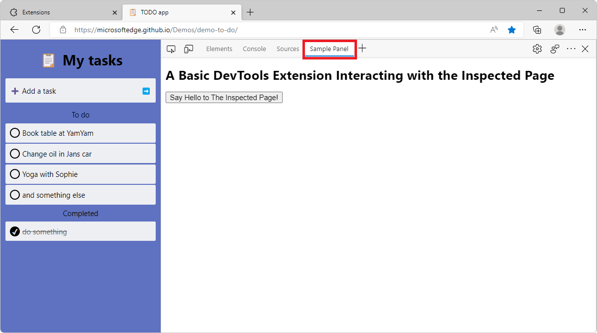 Microsoft Edge mit DevTools auf der Seite, wobei der Beispielbereich der Erweiterung ausgewählt ist