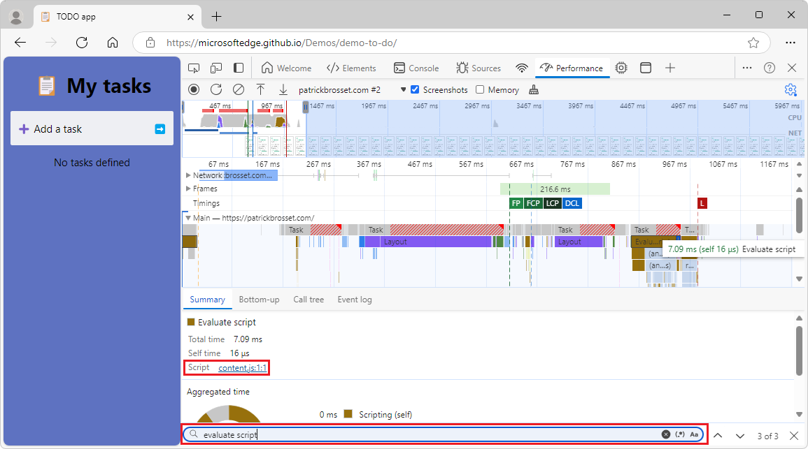 Das Ereignis Evaluate script performance due to the extension's content script running during the page load