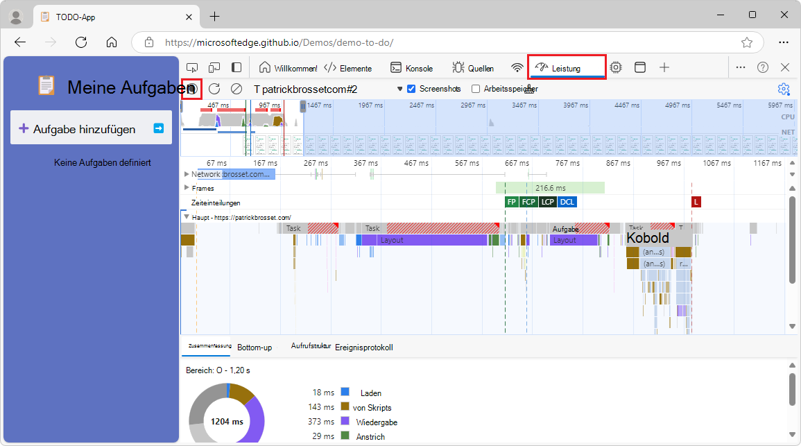 Das aufgezeichnete Leistungsprofil, das im DevTools Performance-Tool angezeigt wird