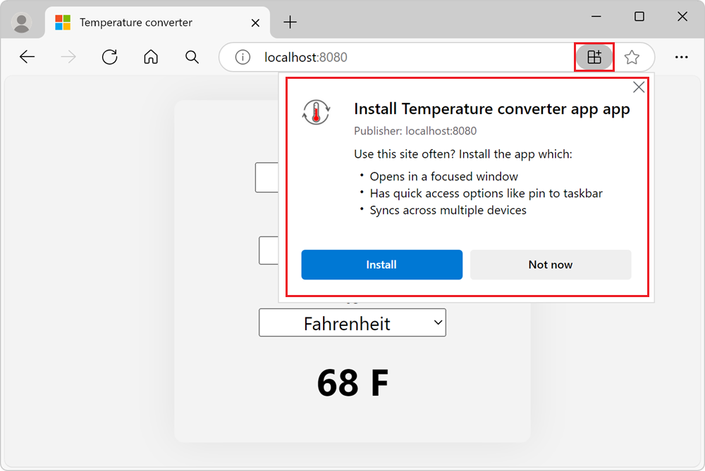 Microsoft Edge, mit der Beispiel-PWA auf einer Registerkarte. Auf die Schaltfläche 