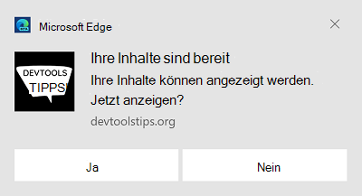 Eine Benachrichtigung mit text, einem Bild und zwei Aktionen