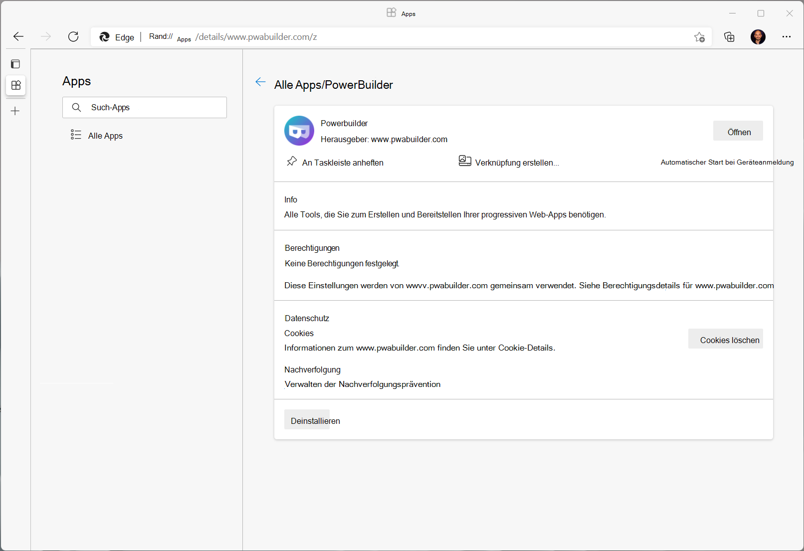 Die Seite mit den App-Details in Microsoft Edge