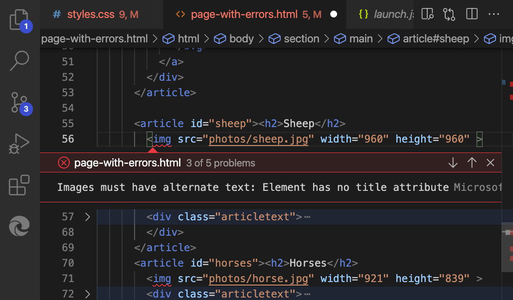 Ein hervorgehobenes Problem im Quellcode mit einer Navigationsleiste, die das Problem erklärt, und Schaltflächen zum Wechseln zum nächsten und vorherigen Problem