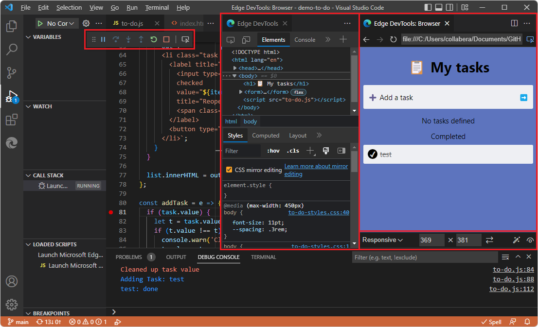 Die DevTools-Komponenten aus der Auswahl von Open Browser with DevTools (Browser mit DevTools öffnen)