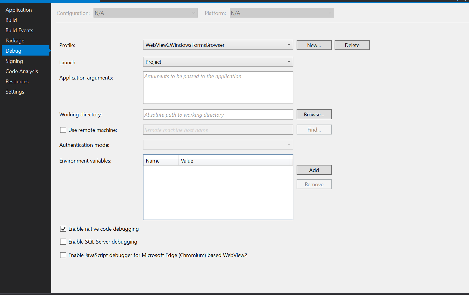 Aktivieren des Debuggens von nativem Code in Visual Studio