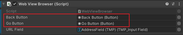 WebView Browser Prefab mit zugewiesenen Variablen im Unity Inspector