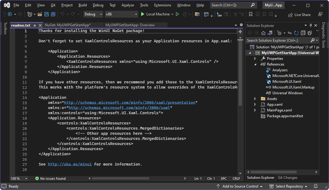 Die readme.txt-Datei nach der Installation des Microsoft.UI.Xaml-Pakets meldet, dass Sie das WinUI-NuGet-Paket installiert haben.