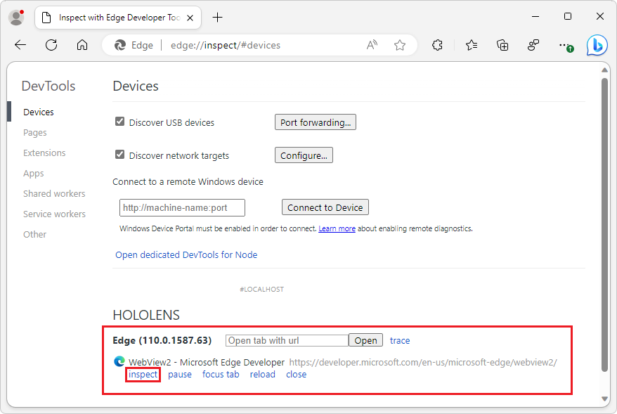 Herstellen einer Verbindung mit WebView2 auf HoloLens 2