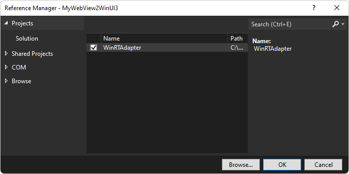 Hinzufügen eines Verweises: Das Kontrollkästchen WinRTAdapter im Dialogfeld Verweis-Manager für das WinUI 3-Projekt