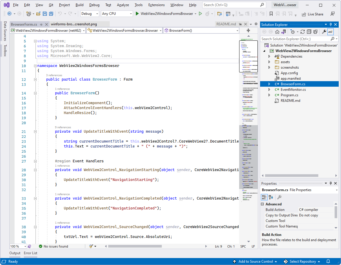 Das WebView2WindowsFormsBrowser-Projekt in Visual Studio