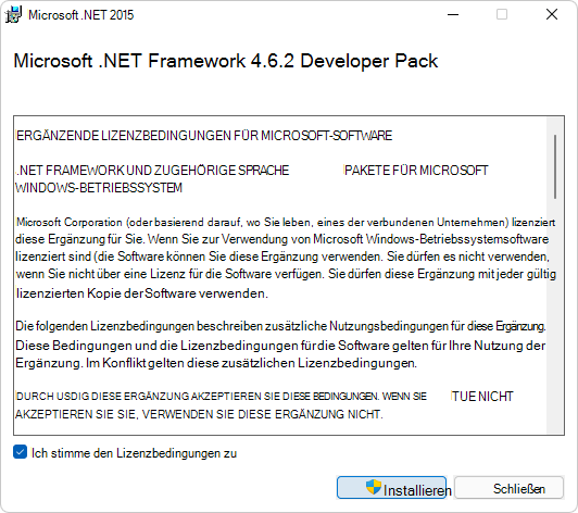 Dialogfeld zum Microsoft .NET Framework Developer Pack-Lizenzvertrag