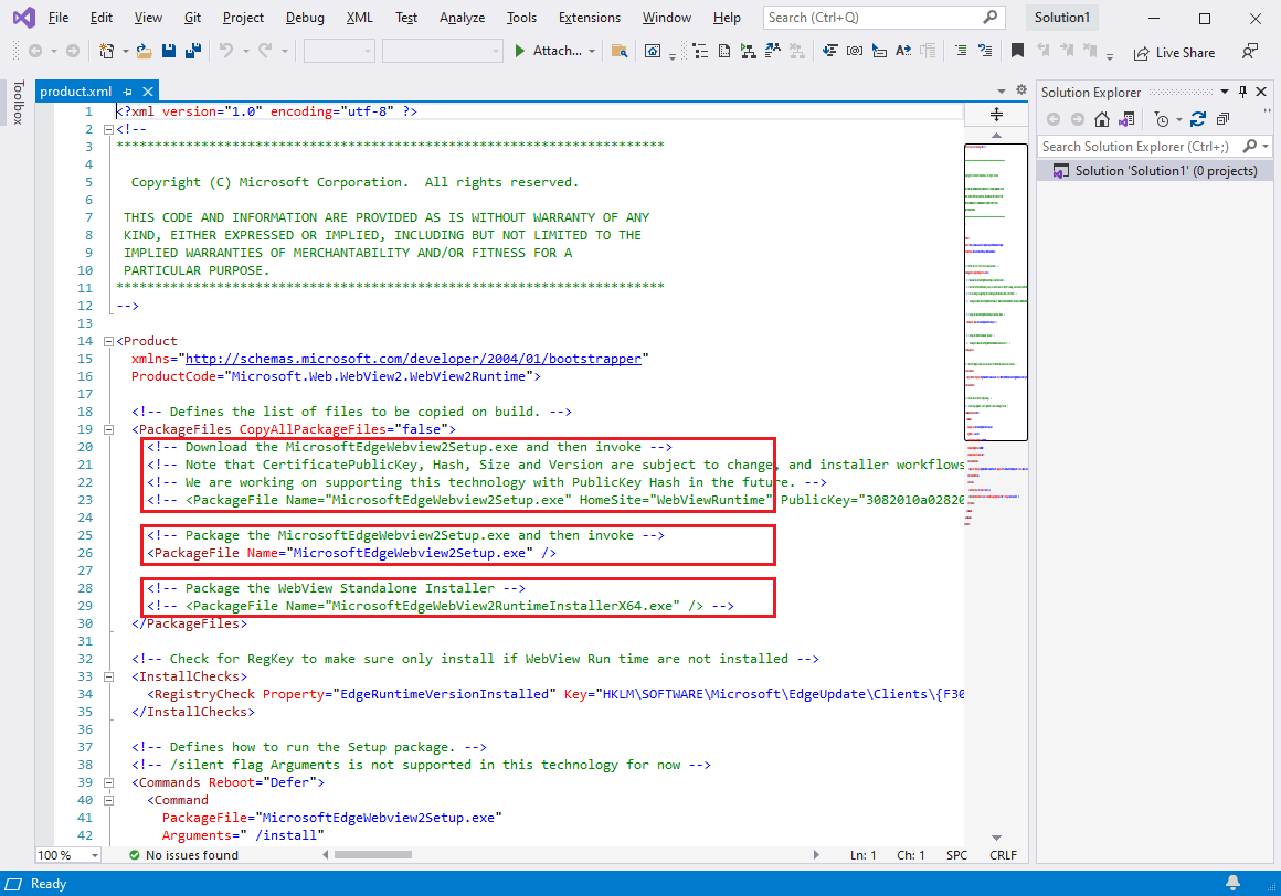 product.xml Datei, die unverändert zur Bearbeitung in Visual Studio 2019 geöffnet wurde