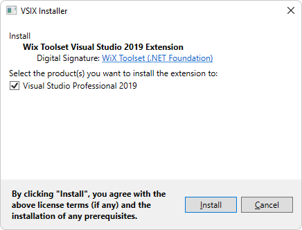 VSIX Installer for WiX Visual Studio 2019-Erweiterung