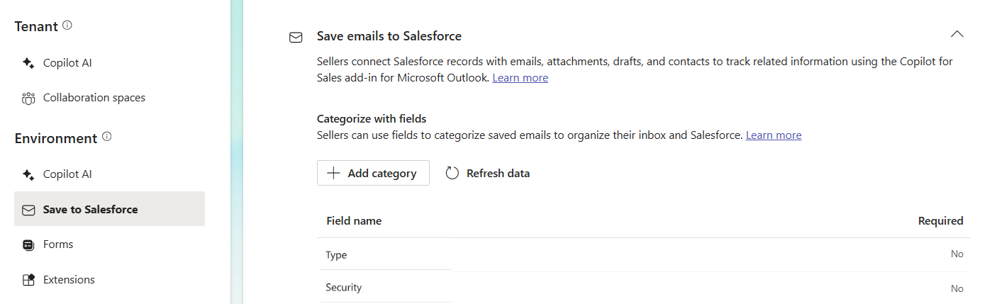 Screenshot, der die Einstellungen zum Speichern von E-Mails in Salesforce in den Copilot für Vertrieb-Administratoreinstellungen in Teams zeigt.