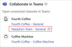 Screenshot der verknüpften Teams in Copilot für Vertrieb in Outlook.