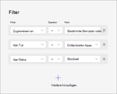 Screenshot: Filtern von Apps durch Kombinieren verschiedener Kriterien wie App-Verfügbarkeit, App-Typ und App-status