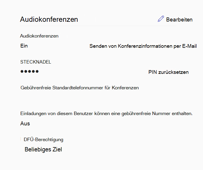 Screenshot der Audiokonferenzeinstellungen für einen Benutzer im Microsoft Teams Admin Center.