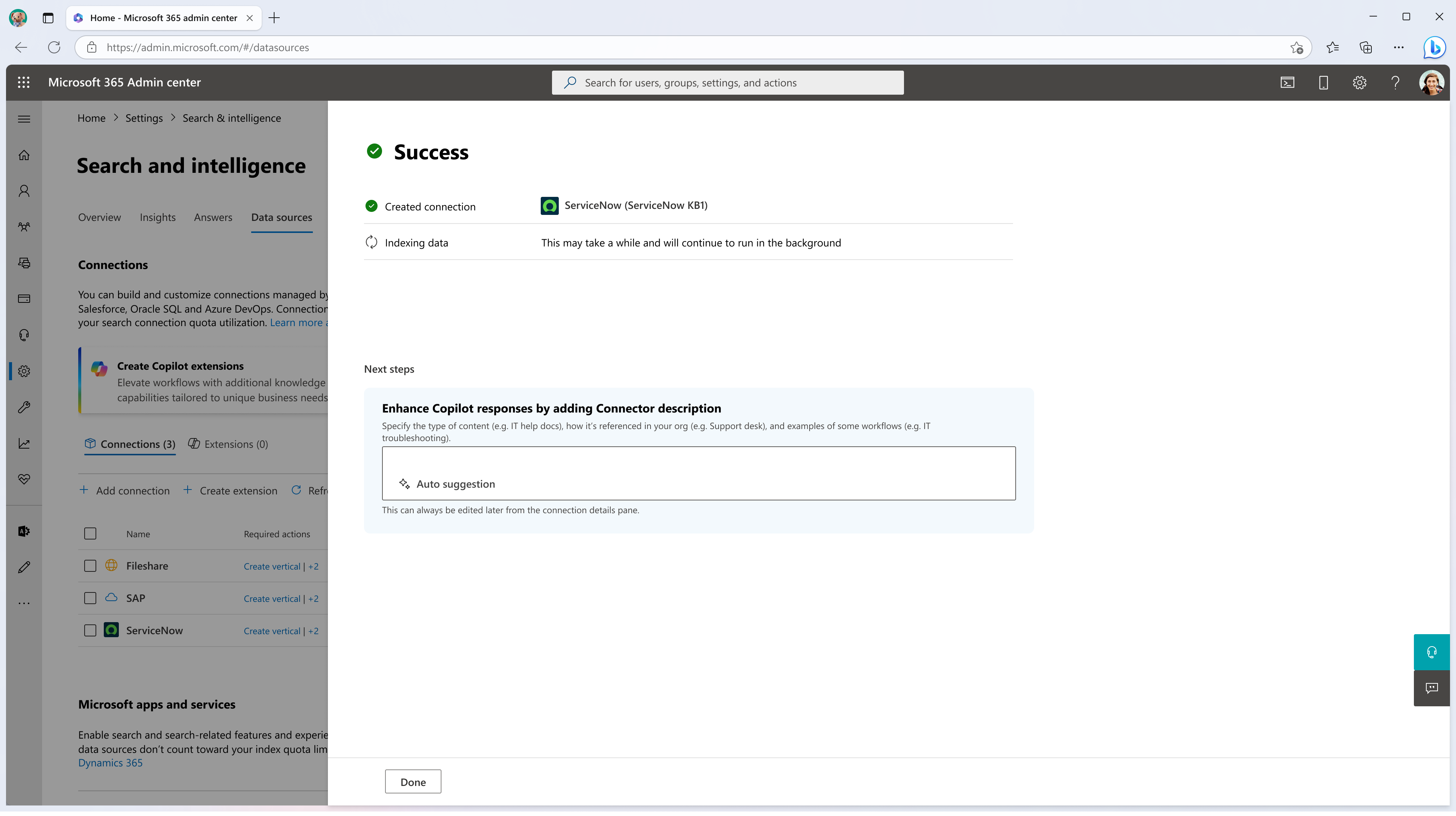 Screenshot: Erfolgsbildschirm nach der Erstellung des Microsoft Graph-Connectors