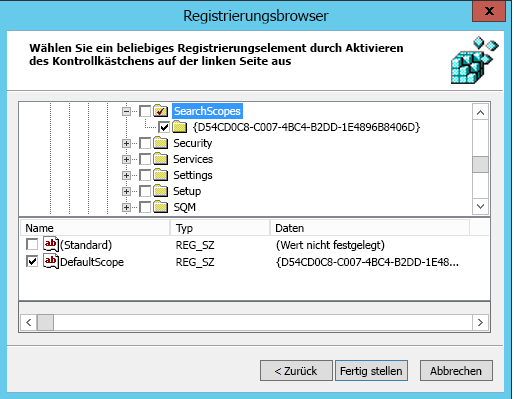 Registrierungsbrowser mit ausgewählter Option 