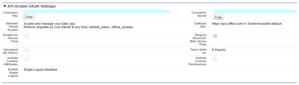 Ergebnisse, die vom API-Abschnitt in Salesforce instance zurückgegeben werden, nachdem der Administrator alle erforderlichen Konfigurationen übermittelt hat. Consumer Key befindet sich oben in der linken Spalte und Consumer Secret oben in der rechten Spalte.