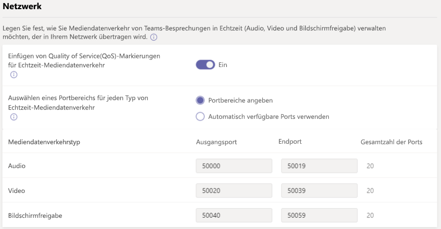 Screenshot der Netzwerkeinstellungen für Besprechungen im Admin Center.