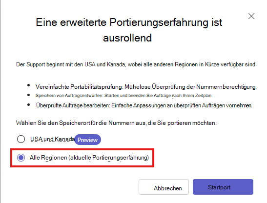 Screenshot: Teams Admin Center-Nummernport-Assistent für alle Regionen