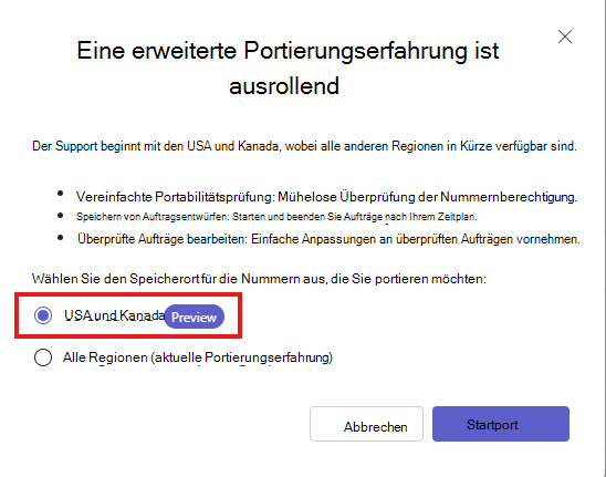 Screenshot des Teams Admin Center-Nummernport-Assistenten für die USA und Kanada.