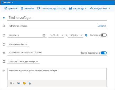 Screenshot des Teams-Besprechungs-Add-Ins in Outlook Web App.