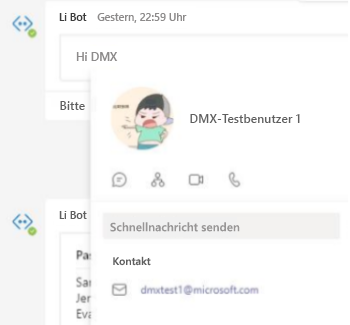 Screenshot: Benutzer Erwähnung im Bot mit adaptiver Karte