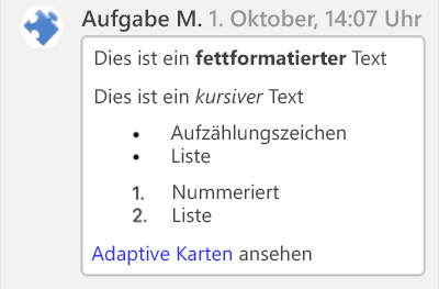 Screenshot: Beispiel für die Markdownformatierung adaptiver Karten auf der Teams iOS-Plattform