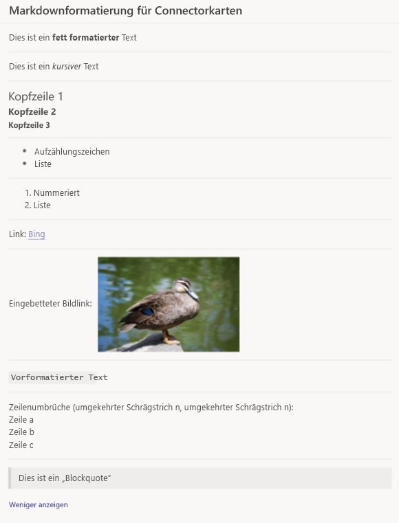 Screenshot: Markdownformatierung für Connectorkarten