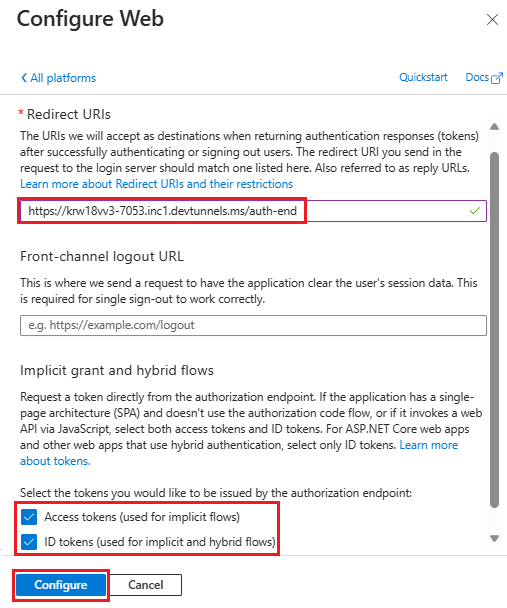 Screenshot: Option zum Hinzufügen von Umleitungs-URI und Auswählen von impliziter Genehmigung und Hybridflows