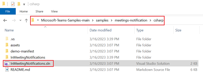 Screenshot des geklonten Repositorys mit rot hervorgehobener InMeetingNotifications.sln Datei.