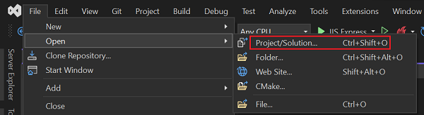 Screenshot: Öffnen eines Projekts in Visual Studio