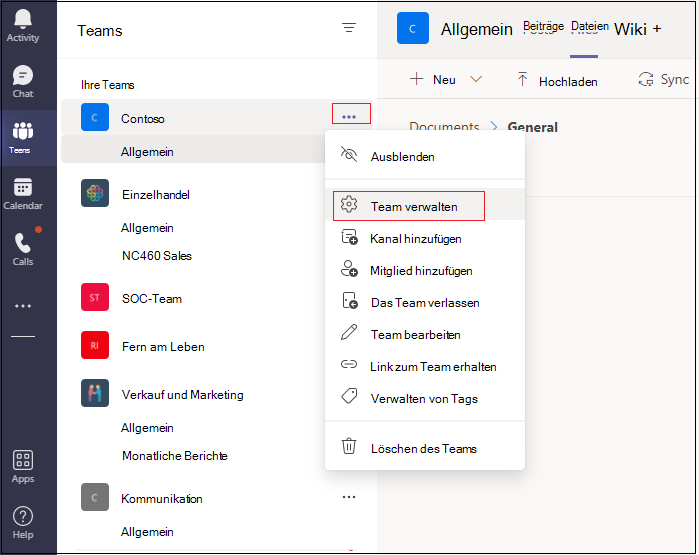 Screenshot der Teams-App mit rot hervorgehobener Option 