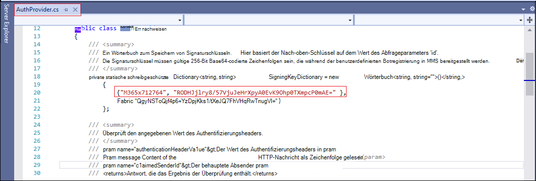 Screenshot: Aktualisieren von Contoso auf M365x712764 und HMAC in AuthProvider.cs rot hervorgehobenen Datei