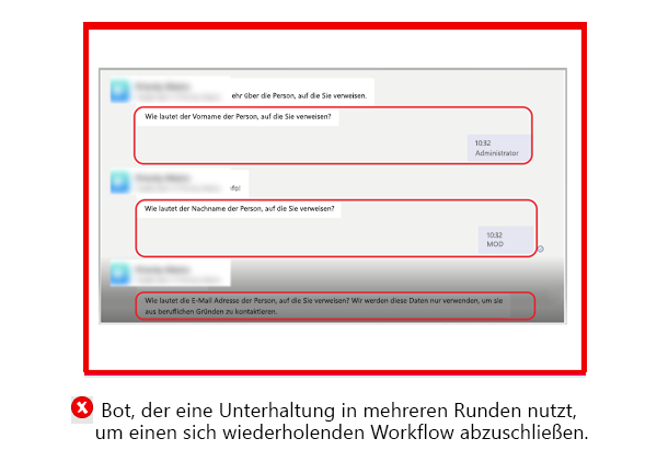 Die Grafik zeigt einen Beispielbot, der Nachrichten mit mehreren Durchläufen verwendet, um eine einzelne Unterhaltung abzuschließen.